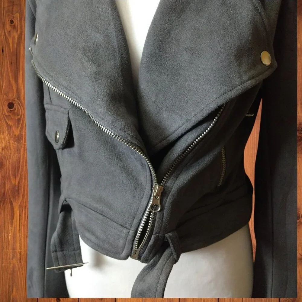 Signature 8 Women's Medium Gray Faux Suede Moto Biker Jacket READ - Picture 7 of 9